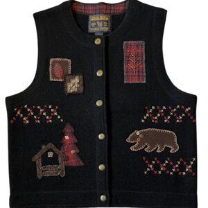 Vintage 100% Wool Bear Patch Vest Black Plaid Lined Size M